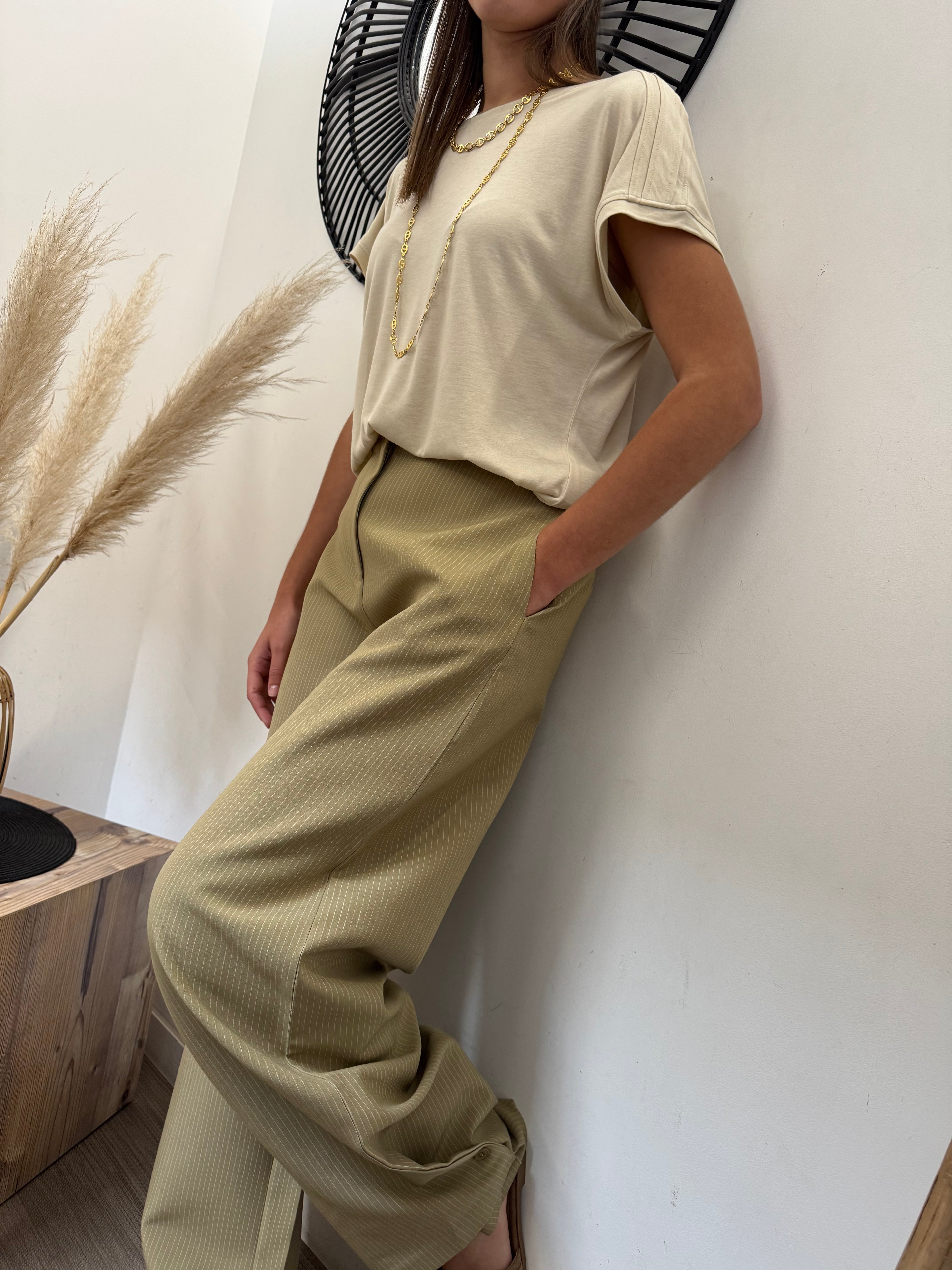 Pantalon rayé vert olive